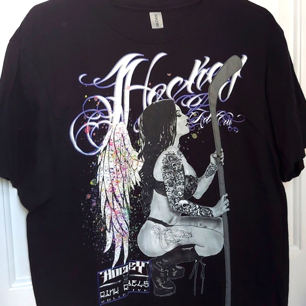 Black tshirt angel hockey girl